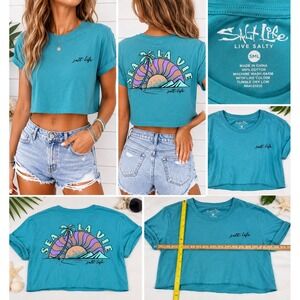 Salt Life Womens Sea La Vie Graphic T-Shirt Turquoise Blue Cotton Crop Small